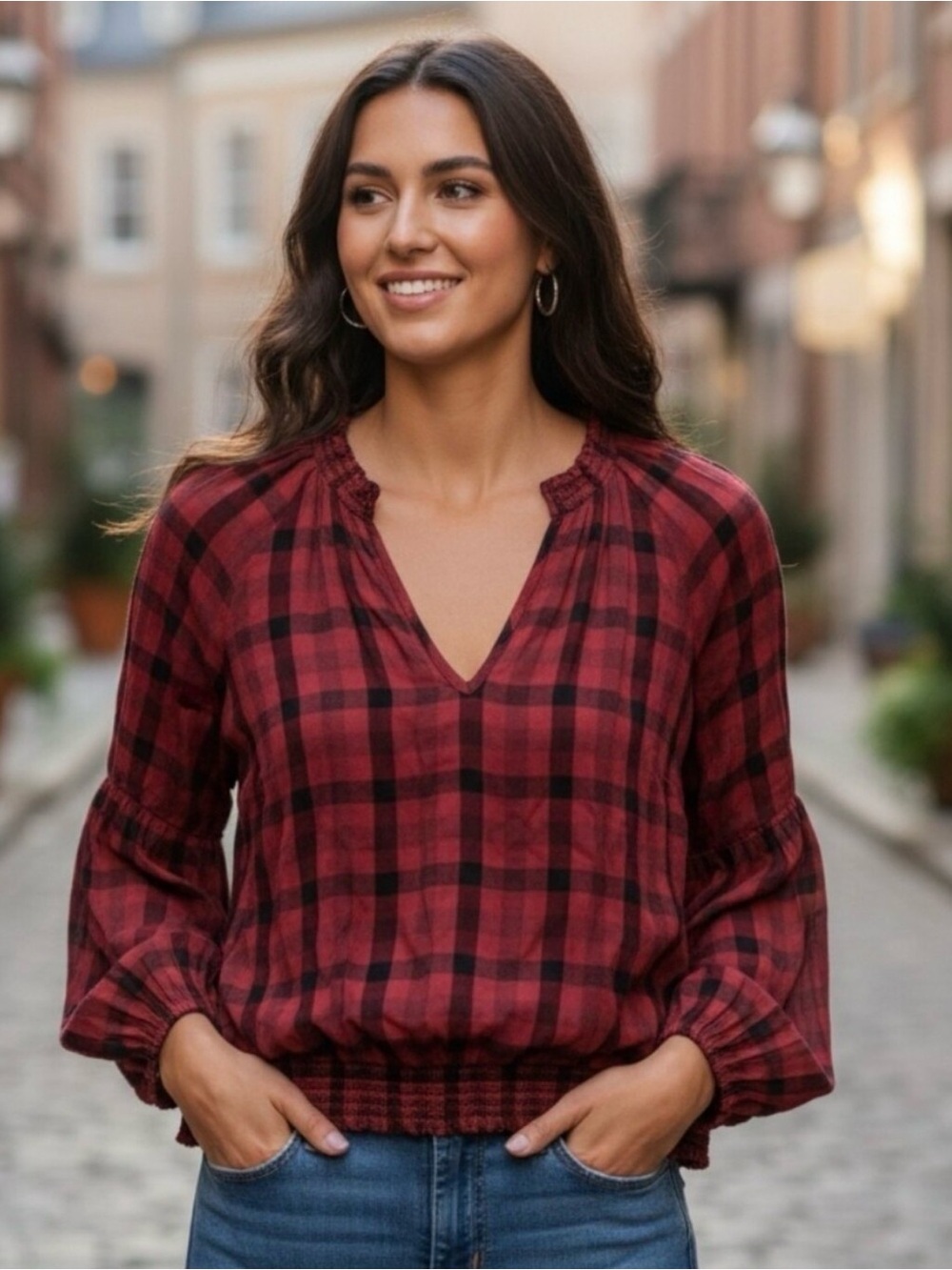 ☀️ ANTHROPOLOGIE Cloth + Stone Red Plaid Peasant V-Neck Blouse Top